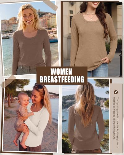 3 Pack Women's Long Sleeve Nursing Tops - color: Cream, Camel, Brown, size: Small
