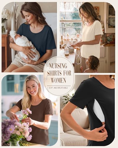 Ficerd 4 Pack Women's Maternity Nursing Shirts - color: Dark Blue, Beige, Brown, Black, size: Large