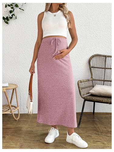 MakeMeChic Women's Maternity 2Pc Sets Crew Neck Crop Tank Tops Mid Skirt - color: Pink, size: Small