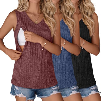 3 Pack Women's Nursing Tank Tops - color: Black, Navy Blue, Burgundy, size: Small