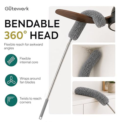 Gütewerk Cobweb Duster with 100" Extension Pole, 360° Bendable, Green - color: Gray, size: up to 100 inch