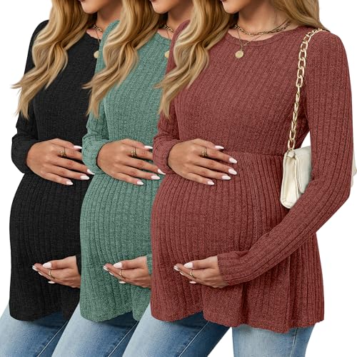 3 Pack Maternity Sweaters Long Sleeve Ribbed Shirts - color: Brick Red, Sapphire Green, Black, size: X-Large
