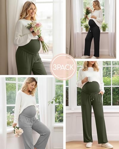 3 Pack Women's Maternity Casual Pants - color: Army Green, Light Mixed Gray, Black, size: Small