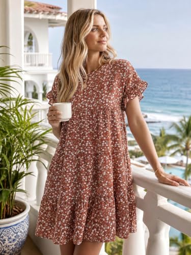 Womens Babydoll Dress Summer Boho Print Ruffles Loose Flowy Mini Dress - color: Brick Red, size: Medium