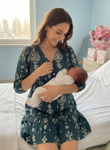 BLENCOT Women's Casual V Neck Button Down Half Long Sleeve Boho Flowy Floral Printed Mini Dress Summer Dresses Maternity - color: Blue, size: Medium