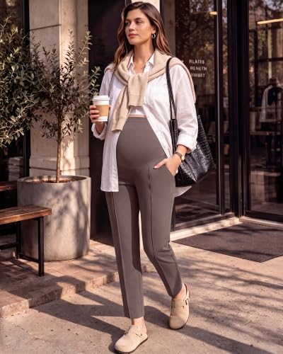 G4Free EverGoing Maternity Work Pants Tapered Ankle Pregnancy Trousers - color: Taupe, size: Medium