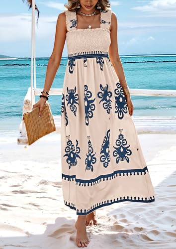 PRETTYGARDEN Women's Sleveless Boho Maxi Dress - color: Floral Apricot Navy, size: Small