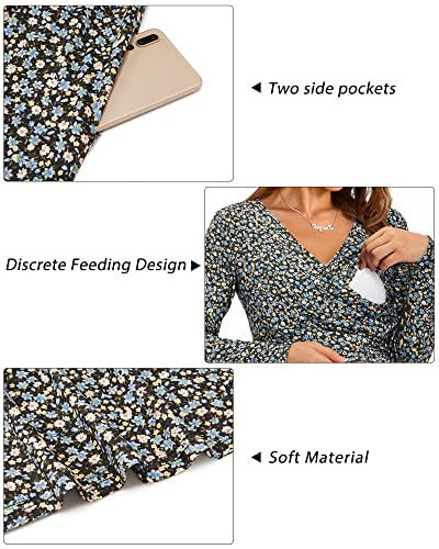 OUGES Women's Nursing Breastfeeding Pocket Fall Baby Shower Maternity Dress - color: Blue Floral Black, size: Medium