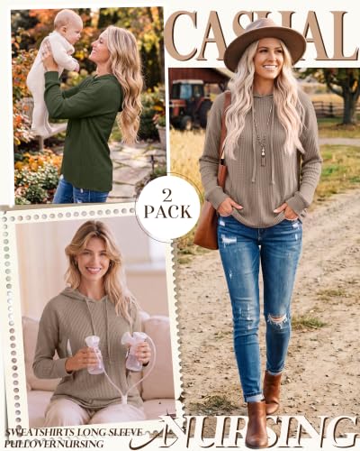 Ficerd 2 Pack Women's Nursing Waffle Hoodies Breastfeeding Tops - color: Coffee, Army Green, size: Medium