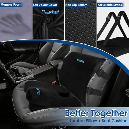 CloudBliss Ergonomic Seat Cushion & Lumbar Support Pillow Set, Black, XL - color: Black, size: X-Large