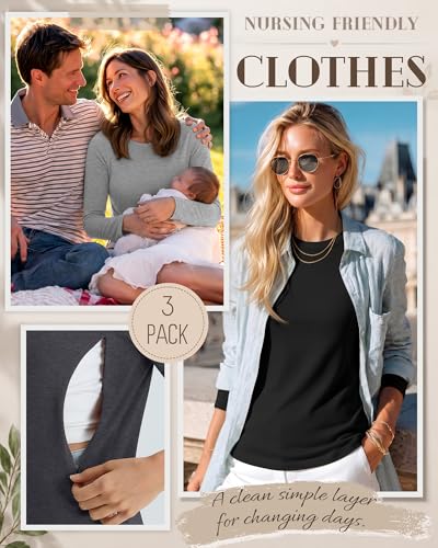 3 Pack Women's Nursing Tops Breastfeeding Shirts Fall - color: Light Gray, Dark Gray, Black, size: Large