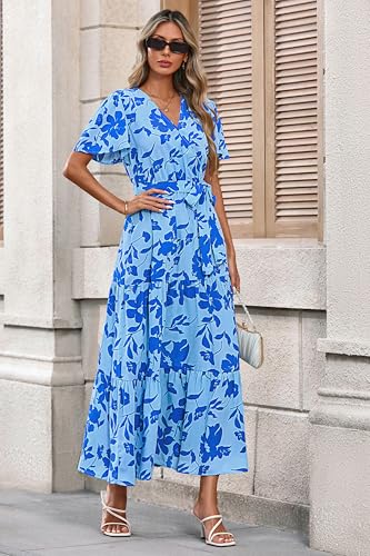 MASCOMODA Womens Summer Swiss Dot Maxi Dresses Wrap Boho Floral Long Dress - color: F-blue, size: Small