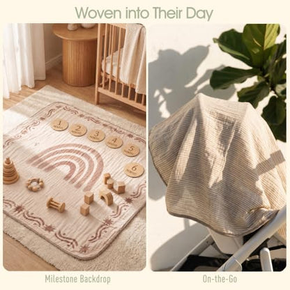 Muslin Baby Blanket, Organic Cotton Blend Jacquard (Boho Rainbow) - color: Rainbow Border