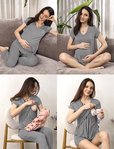 SUNNYBUY 3 PCS Maternity Breastfeeding Pajamas Set with Hidden Nursing Top - color: Gray, size: Small