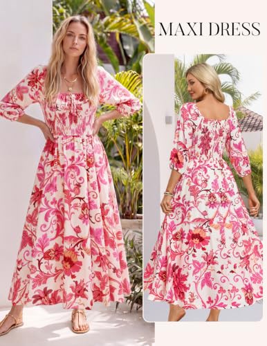 Kate Kasin Womens Summer Fall Boho Maxi Wedding Guest Dresses with Pockets - color: White and Rose Red Floral, size: Medium