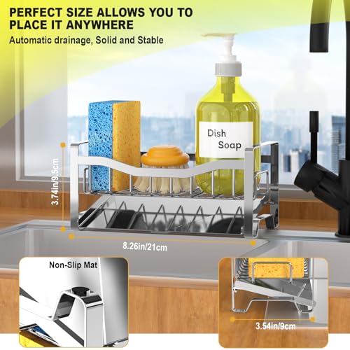 Maifan Stainless Steel Kitchen Sink Caddy Organizer with Auto Drain Tray, Sponge Holder for Countertop Storage Silver - color: Silver