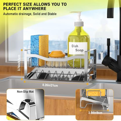Maifan Stainless Steel Kitchen Sink Caddy Organizer with Auto Drain Tray, Sponge Holder for Countertop Storage Silver - color: Silver