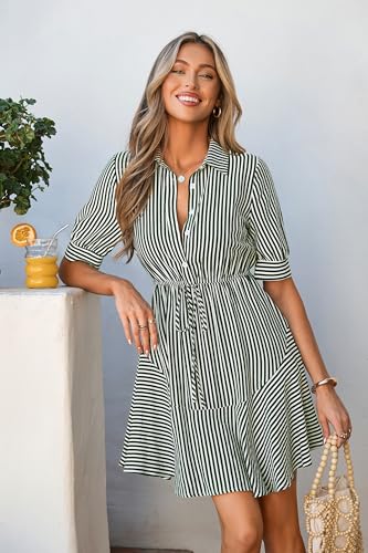MASCOMODA Womens Striped Mini Summer Dress Button Work Dresses - color: Striped Green, size: Large