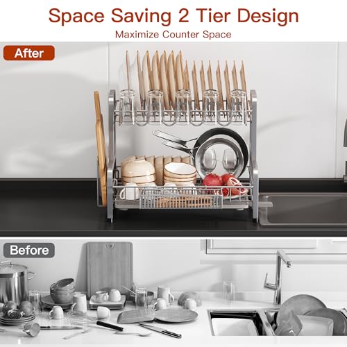 BOOSINY 2 Tier Large Stainless Steel Dish Drying Rack for Kitchen Counter - color: Silver, size: 12.4" D x 17.1" W x 14.2" H