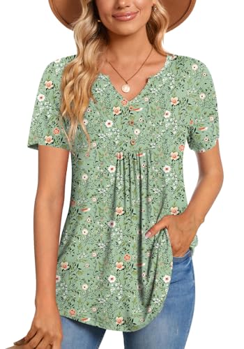 CATHY Womens Short Sleeve Tunic Tops Henley Shirt V Neck Button Up Blouse Casual Pleated Basic Pullover - color: Flower Sparrow+green, size: Medium