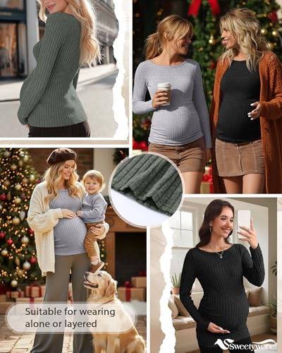 3 Pack Maternity Sweaters Long Sleeve Pregnancy Tops - color: Army Green, Light Gray, Black, size: Large