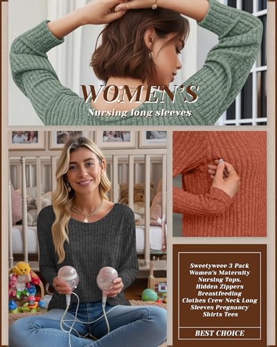 3 Pack Maternity Nursing Ribbed Long Sleeve Tops - color: Dark Gray, Green, Caramel, size: Large