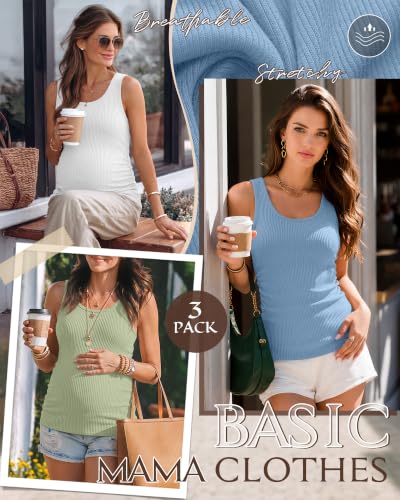 Riyiper 3 Pack Women's Maternity Tank Tops - color: Light Green, White, Light Blue, size: X-Large