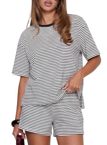 Darong Womens Striped 2 Piece Summer Lounge Sets - color: White Stripe, size: X-Large