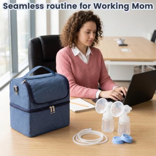 Breast Pump Bag with 2 Ice Packs Insulated Tote with Shoulder Strap - color: Blue