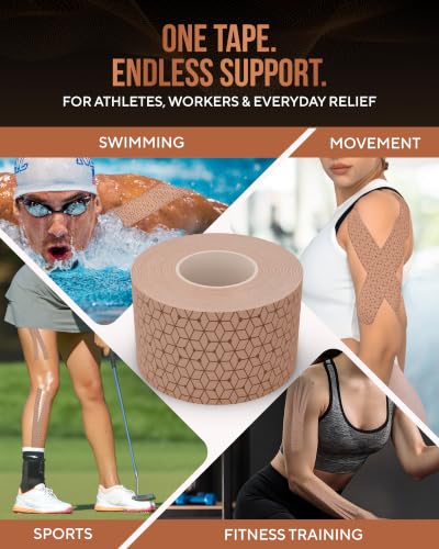 TheraCopper Copper Infused Kinesiology Tape - 2 Rolls, 40 Precut Strips - color: Tan