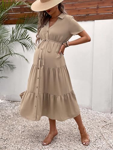 OYOANGLE Women's Maternity Button Belted Dress - color: Khaki, size: Medium