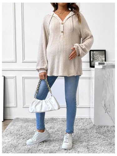 BEAUDRM Women's Maternity Half Button Sweatshirts Long Sleeve Ribbed Knit Pregnancy Shirt Spring Clothes - color: Khaki, size: Large