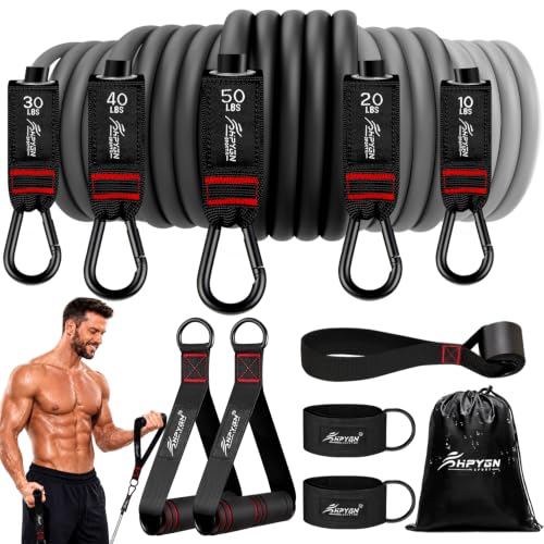 HPYGN Resistance Bands with Handles, 150 lb Exercise Bands for Home Workout - color: grey, style: 150LBS