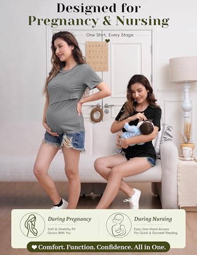 SUNNYBUY Women's Nursing Tops 3 Pack, Breastfeeding Shirts Maternity Tee - color: Black/Charcoal Gray/Olive, size: X-Large