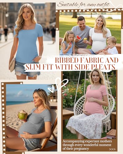 Huukeay 4 Pack Women's Short Sleeve Maternity Shirts - color: Heather Gray, White, Light Blue, Pink, size: Medium