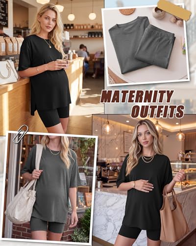 Huukeay 2 Pack Women Maternity Set Pregnancy Outfits - color: Dark Heather Gray, Black, size: Small
