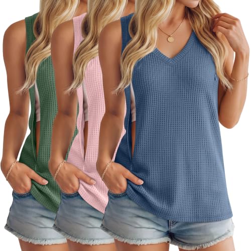 3 Pack Women's Waffle Nursing Tank Tops - color: Green, Pink, Haze Blue, size: Medium