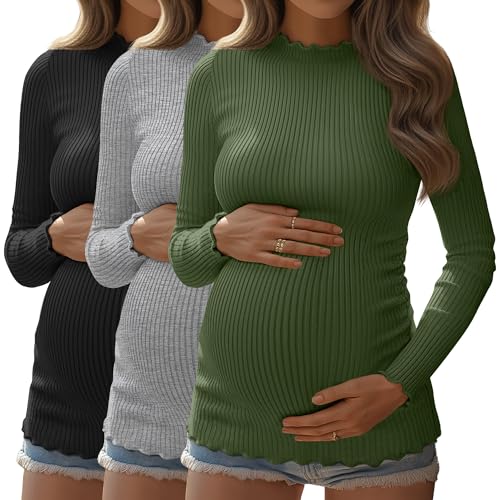Huukeay 3 Pack Women Ribbed Long Sleeve Crew Neck Maternity Tops - color: Army Green, Light Gray, Black, size: Medium