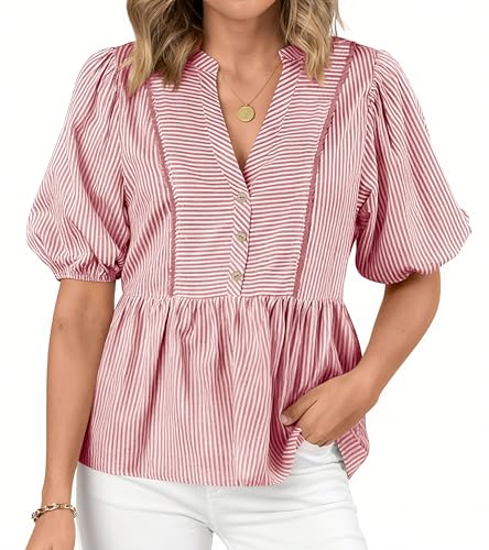dowerme Women Lantern Sleeve Button Up Stripes Babydoll Tops - color: Red, size: Small