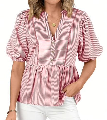 dowerme Women Lantern Sleeve Button Up Stripes Babydoll Tops - color: Red, size: Medium