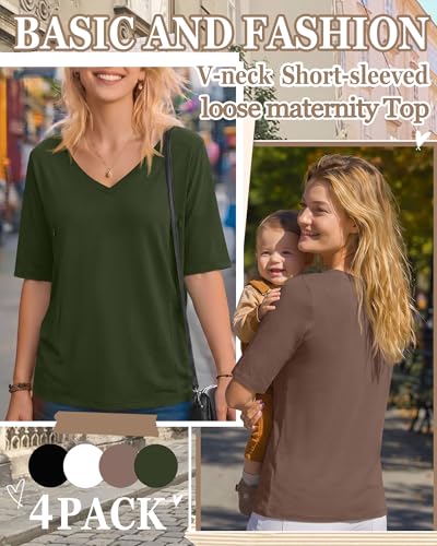 4 Pack Women Nursing Shirts Breastfeeding Tops - color: Army Green, Coffee, White, Black, size: X-Large