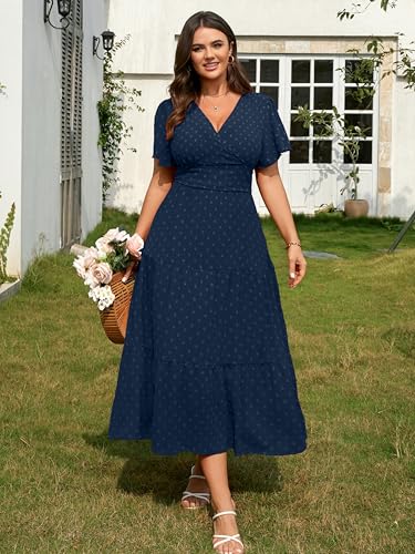 RWJ Women's Plus Size Wrap V Neck Summer Casual Holiday Wedding Maxi Dress - color: Navy Blue, size: Large Plus
