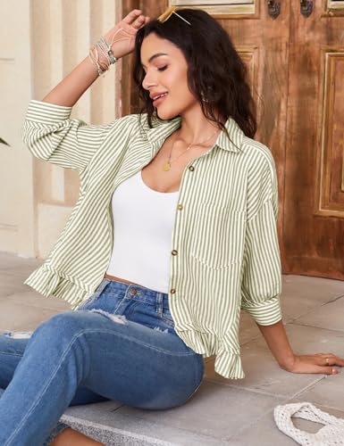 Flygo Womens Striped Button Down Shirts Cropped 3/4 Sleeve Ruffled Blouses - color: Olive, size: X-Large