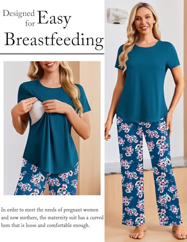 Ekouaer 3 Piece Maternity Nursing Pajamas Set Short Sleeve Breastfeeding Pjs - color: Blue Green-flower, size: Small