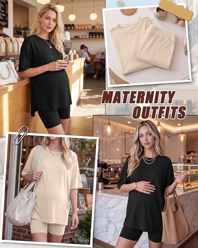Huukeay 2 Pack Women Maternity Set Pregnancy Outfits - color: Apricot, Black, size: Large