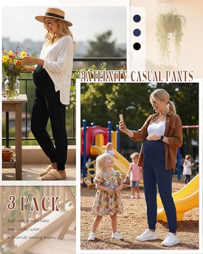 Oakgarden 3 Pack Women's Maternity Pants Over the Belly Joggers - color: Black, Dark Mixed Gray, Dark Blue, size: Small