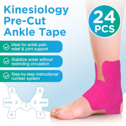 OK TAPE Precut Kinesiology Ankle Tape for Pain Relief, Prevent Ankle Sprain - color: Pink, size: M size-24 Pack