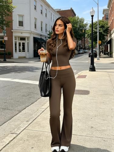 COPYLEAF Two Piece Lounge Sets for Women Fold Over Leggings Y2k Outfits - color: Brown, size: Small