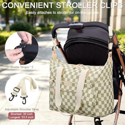 Pritent Diaper Bag Tote Waterproof Maternity Baby Bags with Pacifier Case - color: Checkered Green, size: Medium