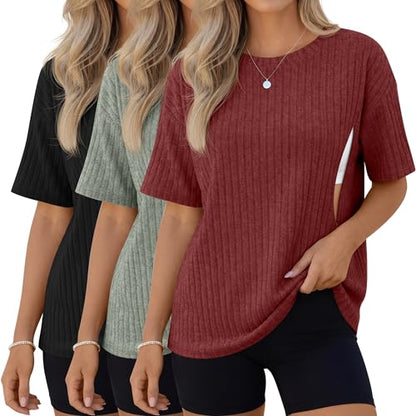 Ficerd 3 Pack Women Oversized Nursing Shirts - color: Dark Red, Light Green, Black, size: XX-Large